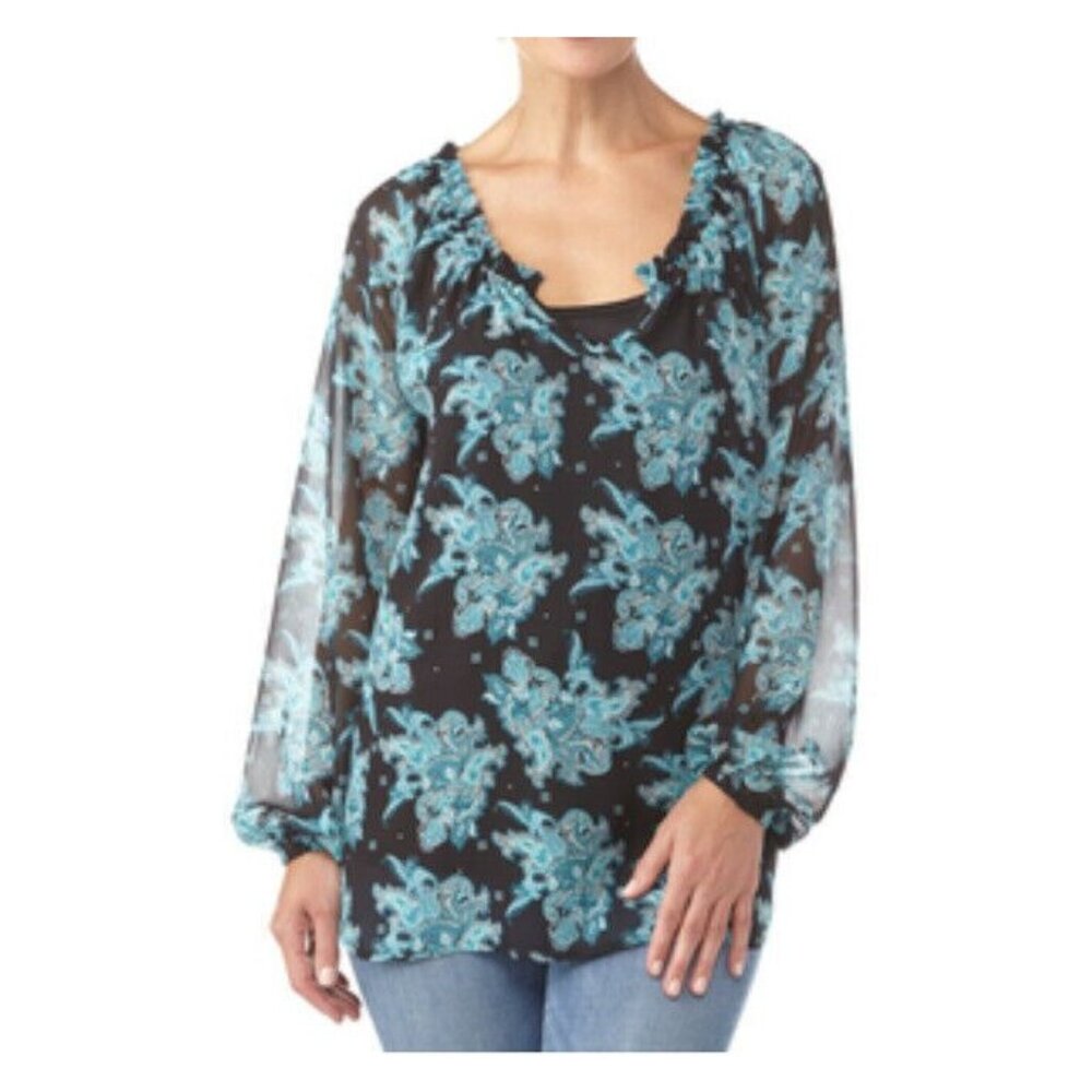 Passports Women's Allover Print Peasant Top with Tank Top Black Size Medium NWT